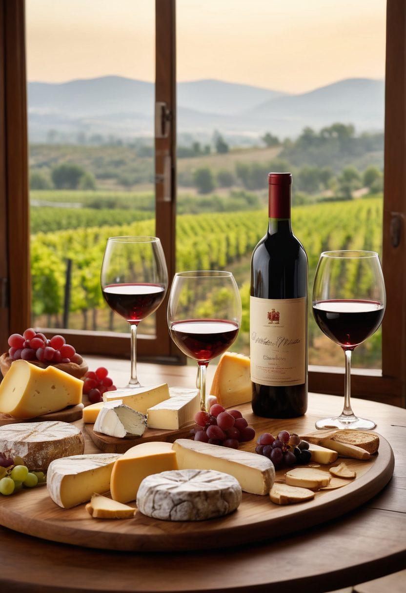 A beautifully arranged wooden table set for a wine pairing dinner, featuring elegant wine glasses filled with red and white wines, an array of gourmet cheeses, fruits, and artisanal bread. Dim ambient lighting creates a warm atmosphere, with a backdrop of vineyard hills visible through a window. A wine rating chart subtly placed nearby. super-realistic. warm colors. cozy setting.