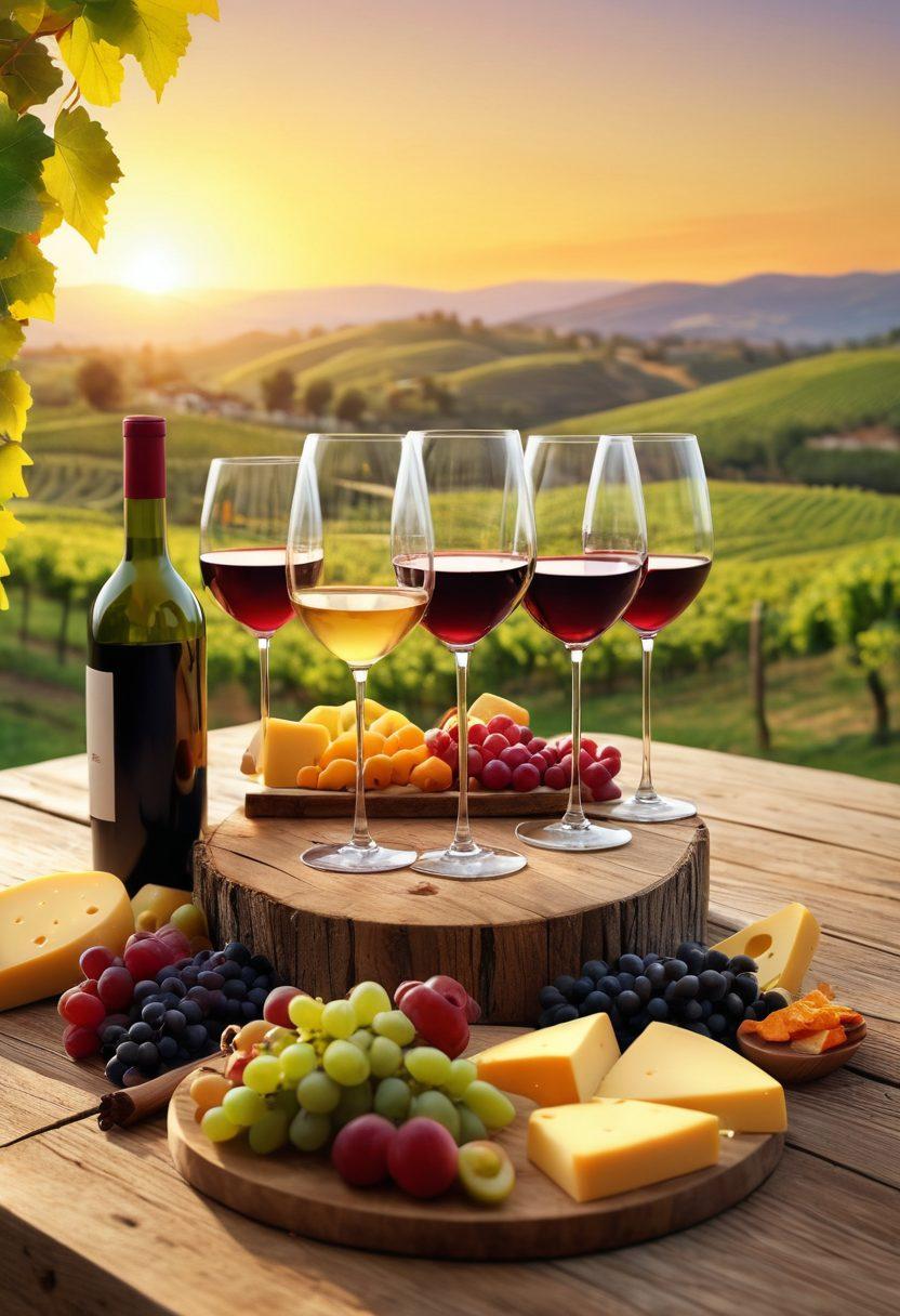 A vibrant gathering of diverse wine enthusiasts raising their glasses in a scenic vineyard at sunset, with rolling hills and grapevines in the background. Incorporate an array of wine bottles and glasses on a rustic wooden table adorned with cheese and fruits, adding elements of celebration and community. Infuse warm golden light to enhance the festive atmosphere. super-realistic. vibrant colors. 3D.