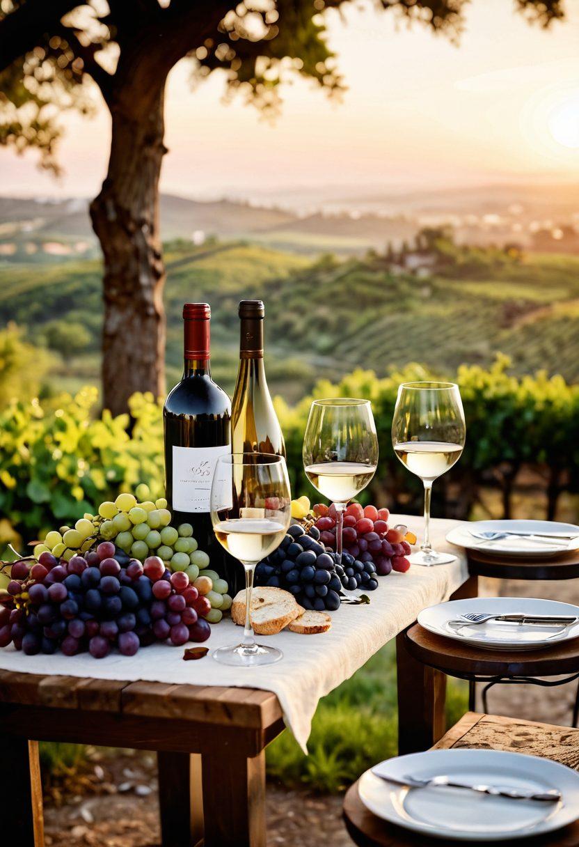 A beautifully arranged table set for a wine tasting event, featuring elegant glasses filled with rich, deep red and sparkling white wines. Surround the table with fresh grapes, cheese assortments, and rustic bread, with a soft focus on a candlelit ambiance. Include a backdrop of lush vineyards under a golden sunset, enhancing the feeling of warmth and sophistication. Artistic flair with vibrant colors and subtle textures to evoke a sense of joy and celebration. super-realistic. vibrant colors. romantic lighting.